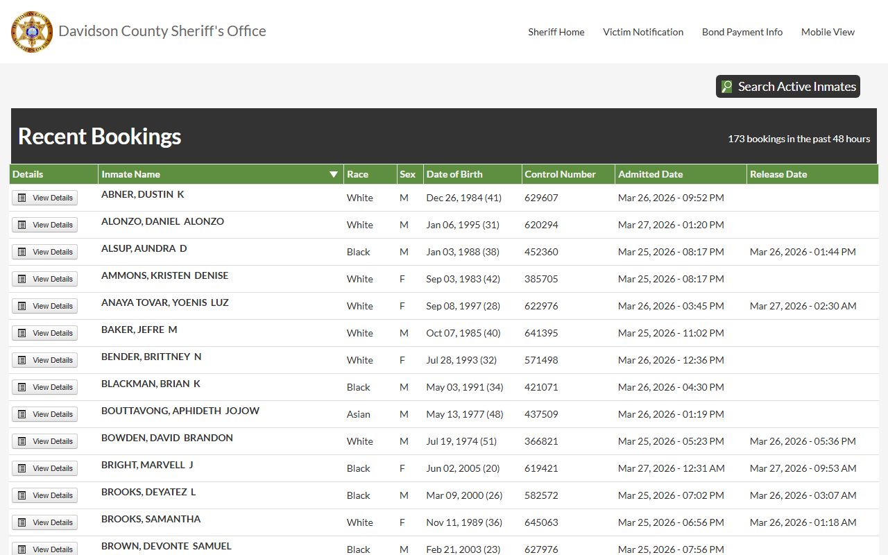 Nashville Released Inmates public records search page