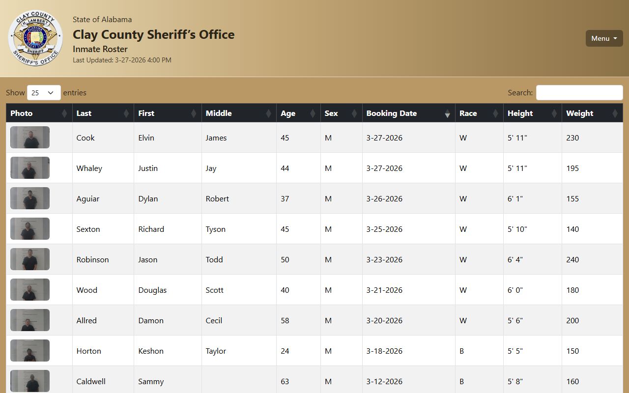 Clay County Released Inmates jail roster page