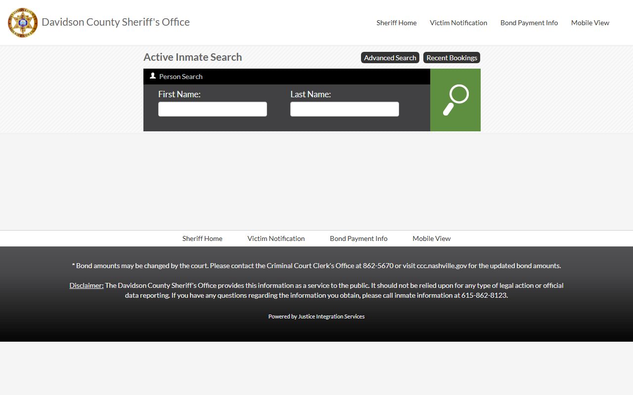 Davidson County Released Inmates public records search page
