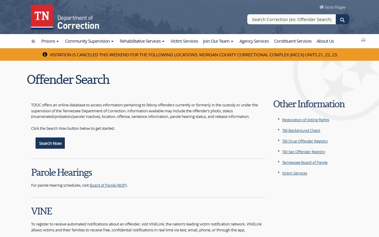 Tennessee Released Inmates FOIL search page